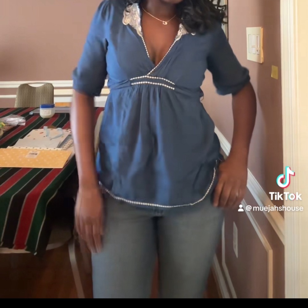 Wet Seal Blue Wrap Fitted 3/4 Sleeve Blouse